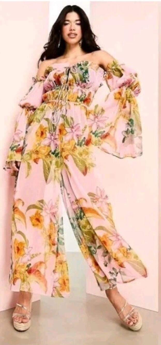 ASOS LUXE Curve Beach Off Shoulder Long Sleeve Sheer Jumpsuit Floral Print Sz 8